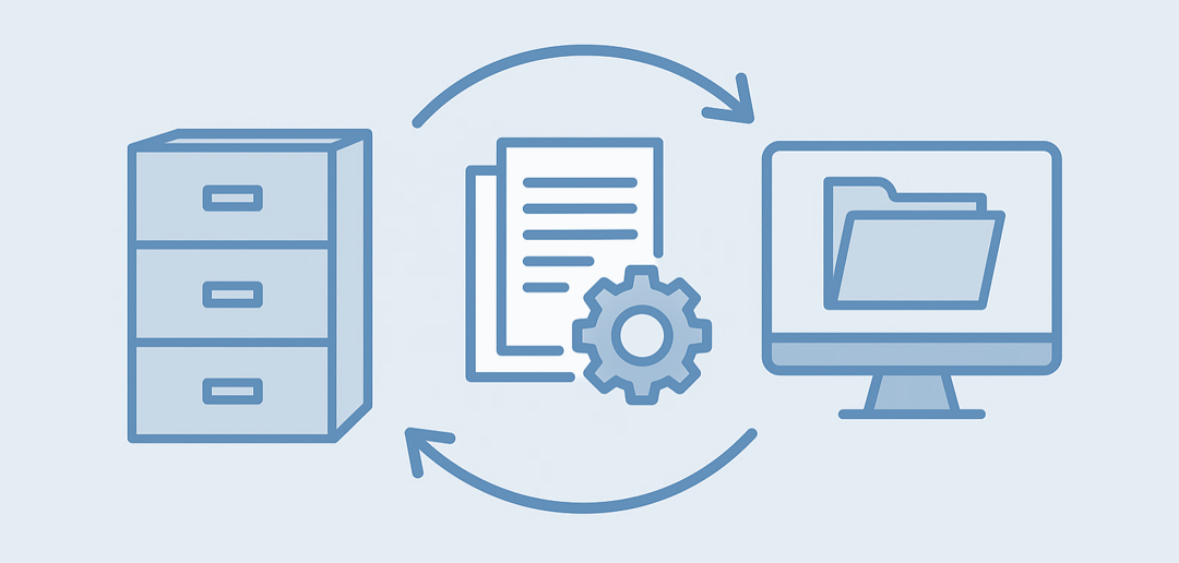 Gestion intégrée des documents Infographie illustrant la gestion documentaire intégrée avec un classeur, des documents, une roue dentée et un ordinateur reliés par des flèches.